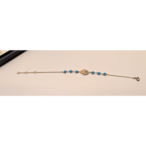 925 Vtg Hamas Hand Of Fatimata Evil Eye Blue beveled Beads Goldtone bracelet - Picture 1 of 11